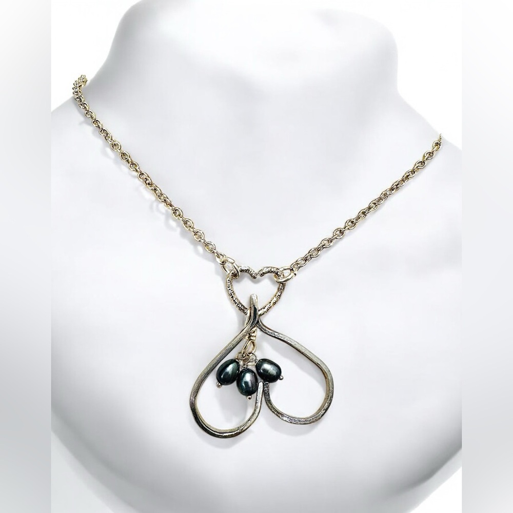 Upcycled Fork Heart Pendant Necklace With Dangling Baroque Pearls & Silver Chain